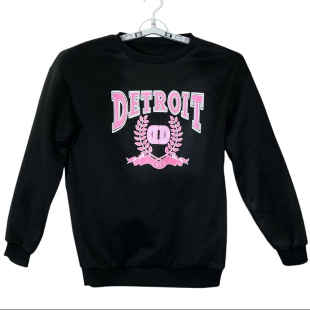Detroit Sweatshirt Womens Crew Neck Fleece Lined Black Pink Medium Black Pink - Picture 2 of 14